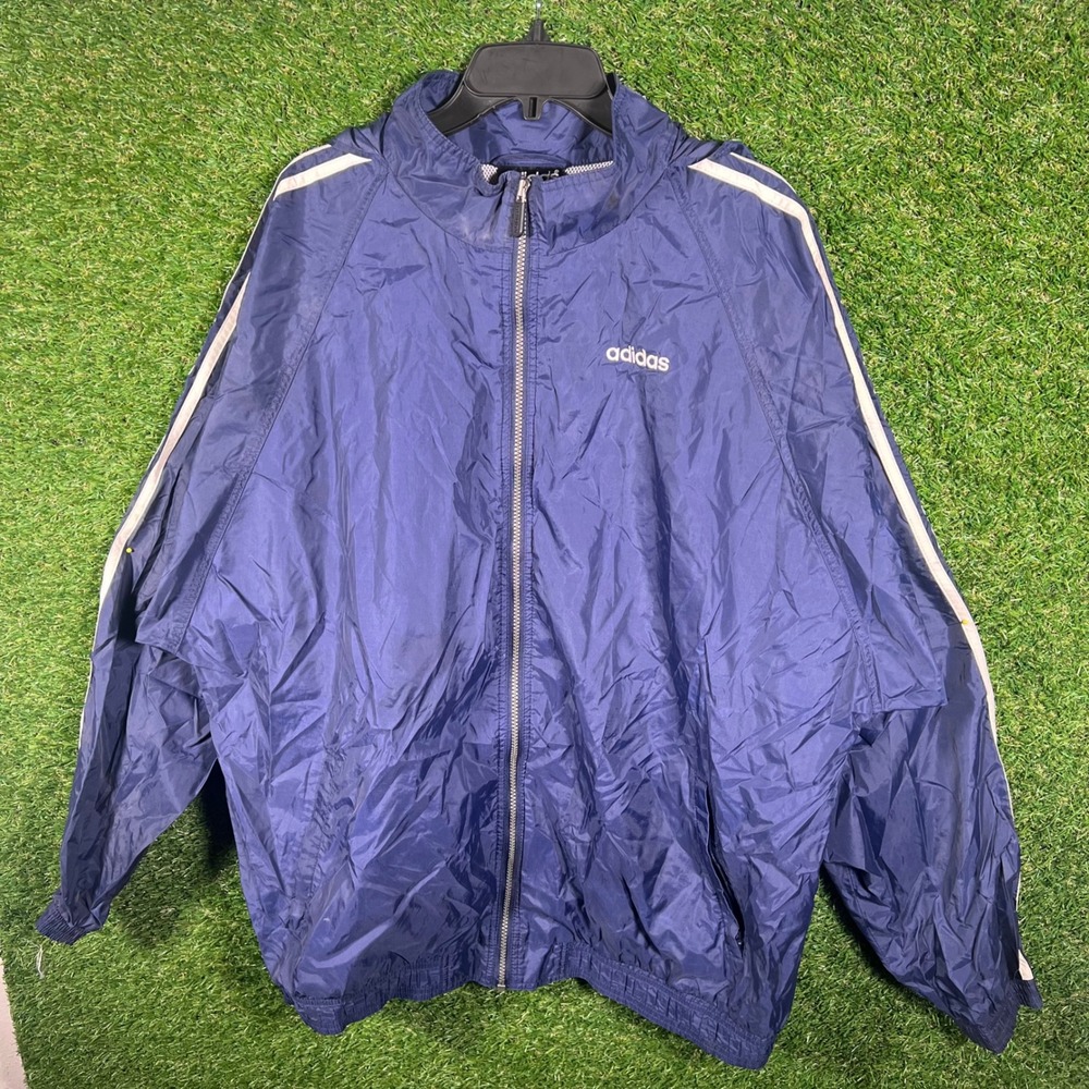 VTG Adidas Track Jacket Windbreaker Navy White Stripes Full Zip Hooded XX-Large